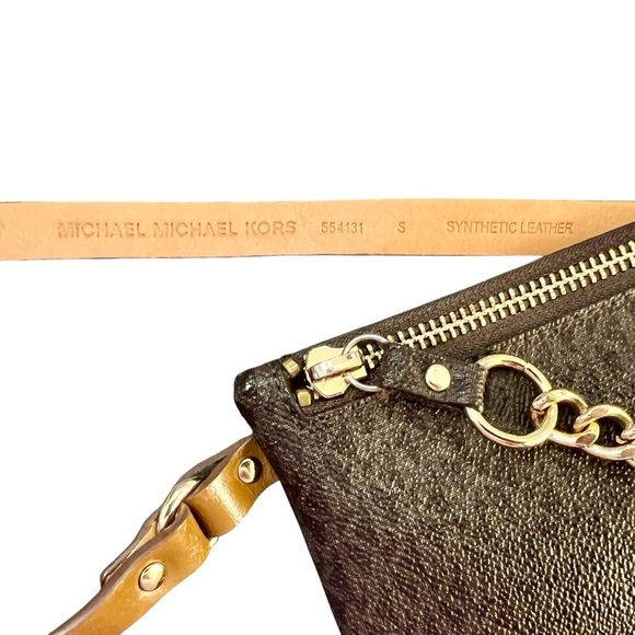 Michael Kors Monogram Signature Brown Belt Bag with Gold Chain Accent - Picture 6 of 9